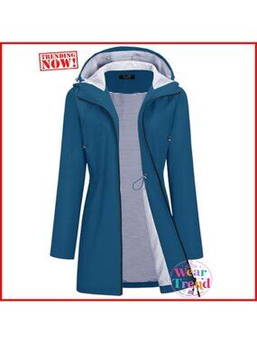 Women's Waterproof Hooded Long Trench Raincoat Lined Windproof